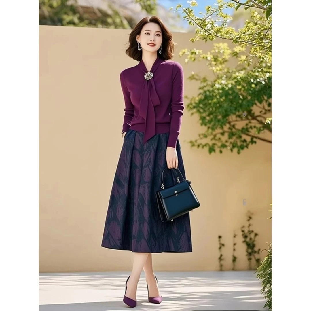 紫色针织套装女2025秋季新款轻奢高级感飘带上衣印花半身裙两件套