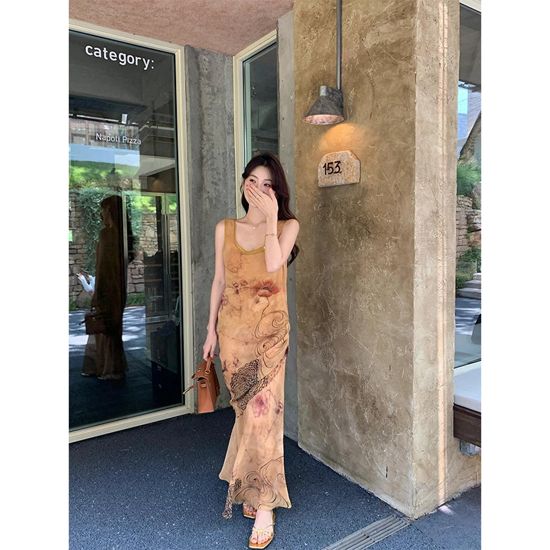 MARIE.COCO新中式黄色印花背心连衣裙女夏季超好看设计感长裙子