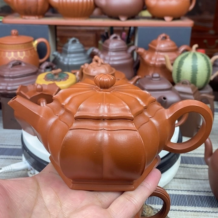 紫砂茶壶六方筋纹莲花280CC原矿朱泥新年特惠价