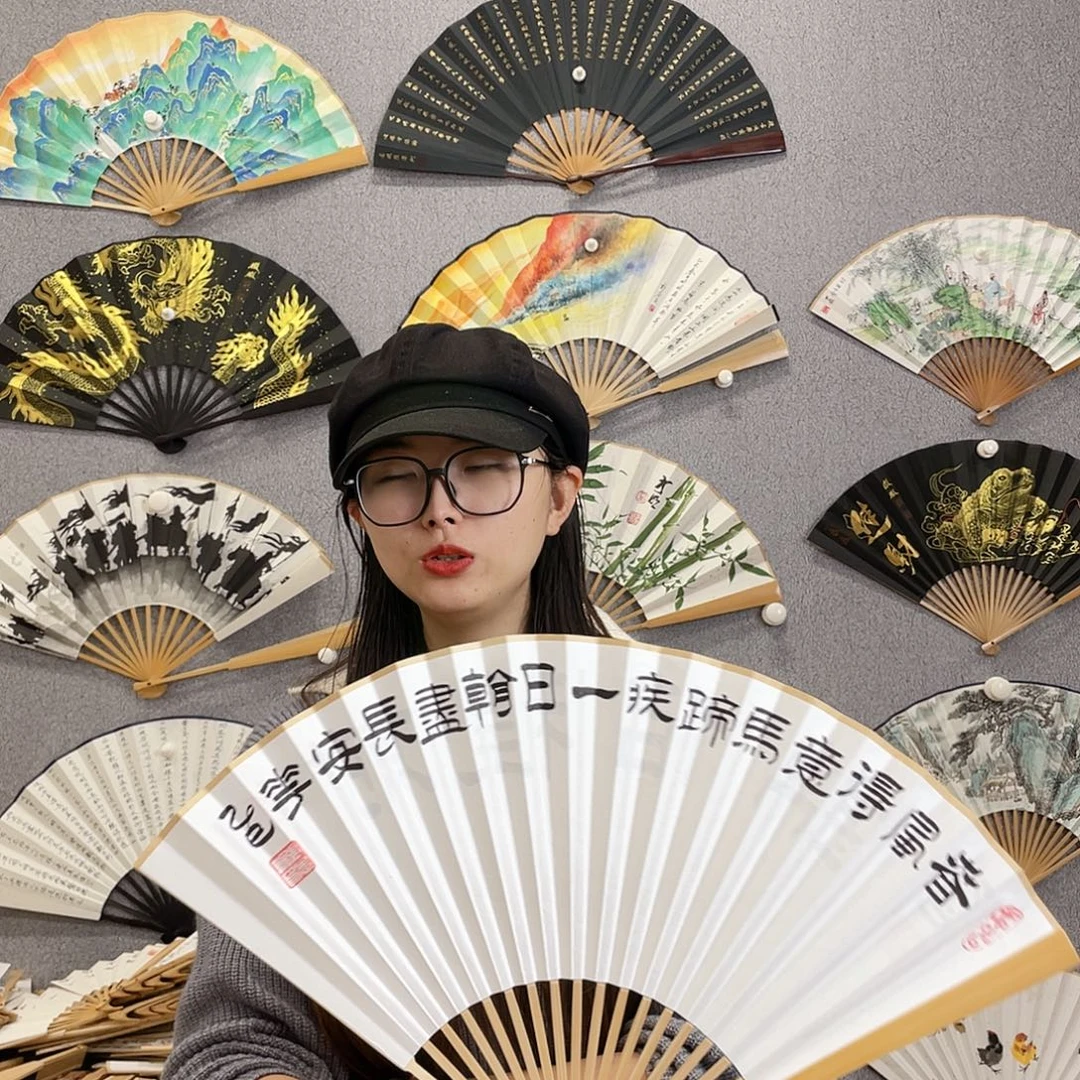 书法95寸玉竹-纯手绘-文玩扇骨（默认粘好）