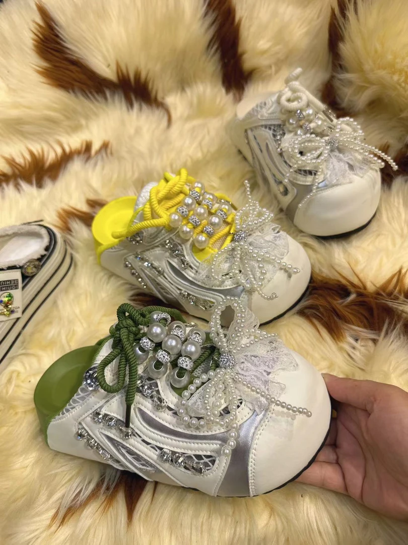 夏季新款蝴蝶结珍珠水钻包头半拖女时尚外穿面包鞋