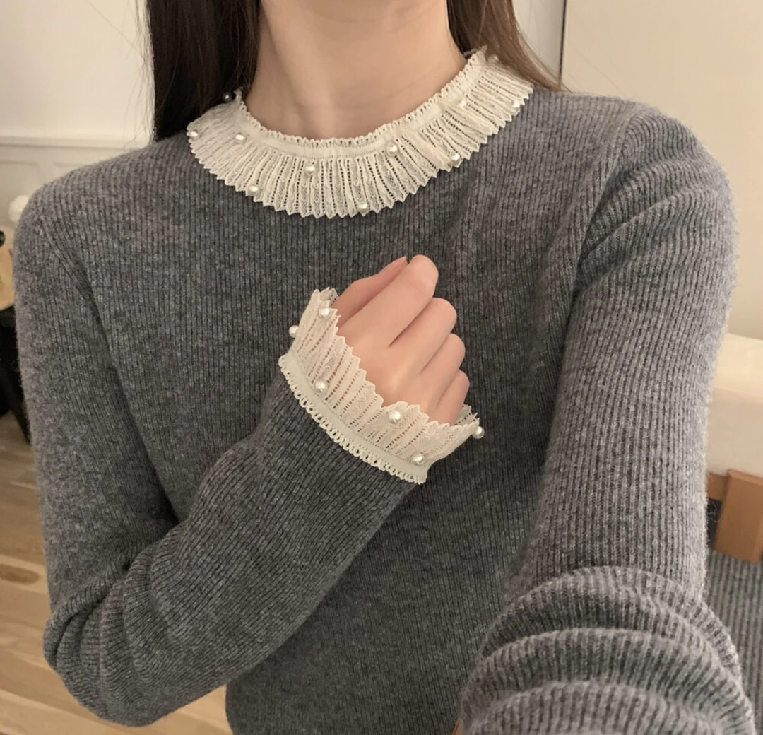 女装高端欧货珍珠领口蕾丝木耳边针织打底衫内搭毛衣冬
