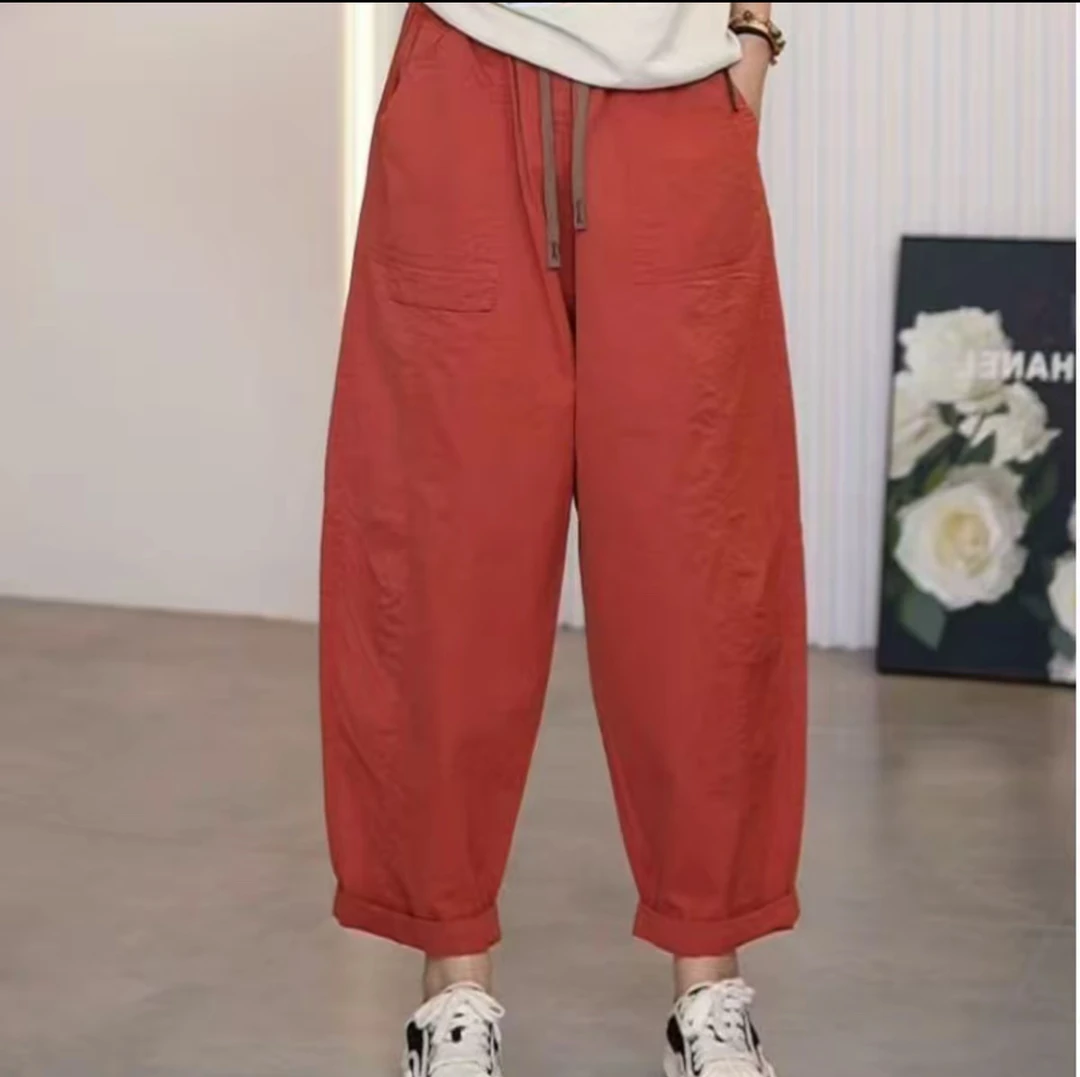 2025年夏季薄款休闲裤时尚百搭宽松松紧腰显瘦大口袋高腰哈伦裤女