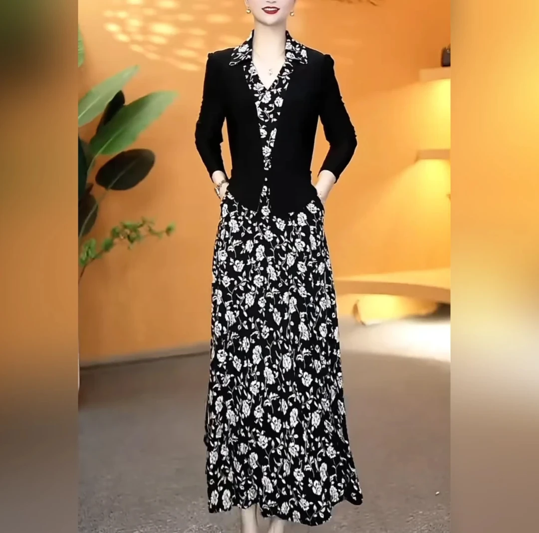 春季高弹力高腰长袖拼接假两件连衣裙女神网红小香风显瘦裙子减龄