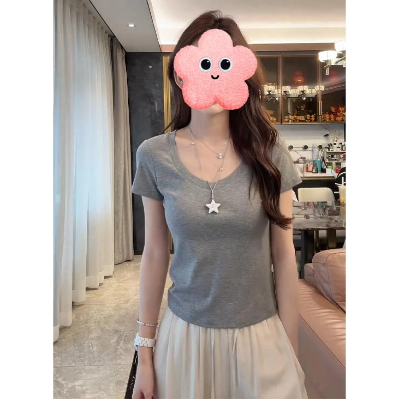 显瘦收腰U领短袖T恤女2025年夏季新款韩系气质设计感百搭纯色上衣