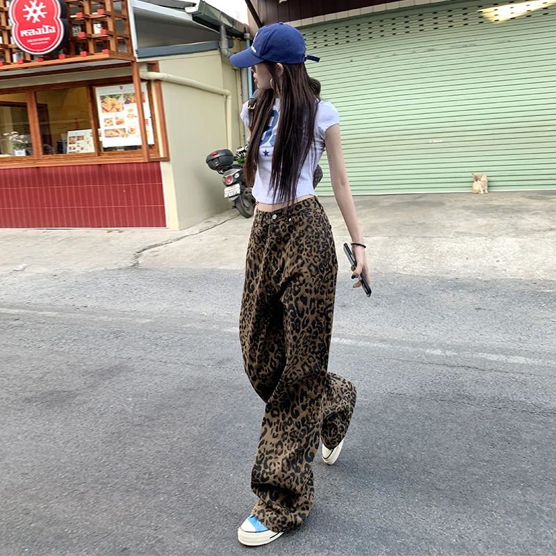拉夏贝尔辣妹高腰咖棕豹纹牛仔裤女秋季宽松显瘦直筒窄版阔腿裤子