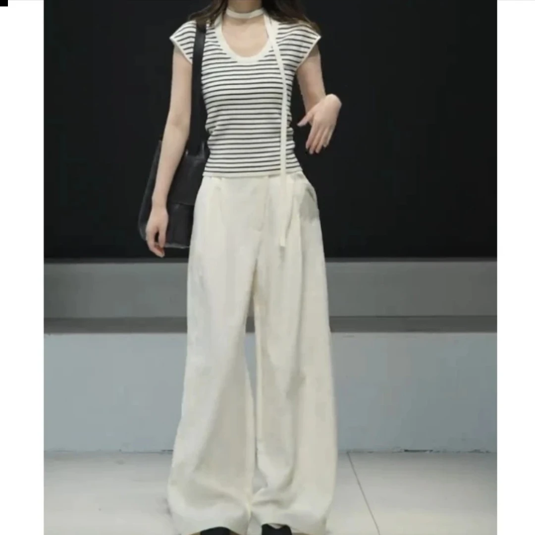 新款小众别致绝美条纹短袖搭裤子女装