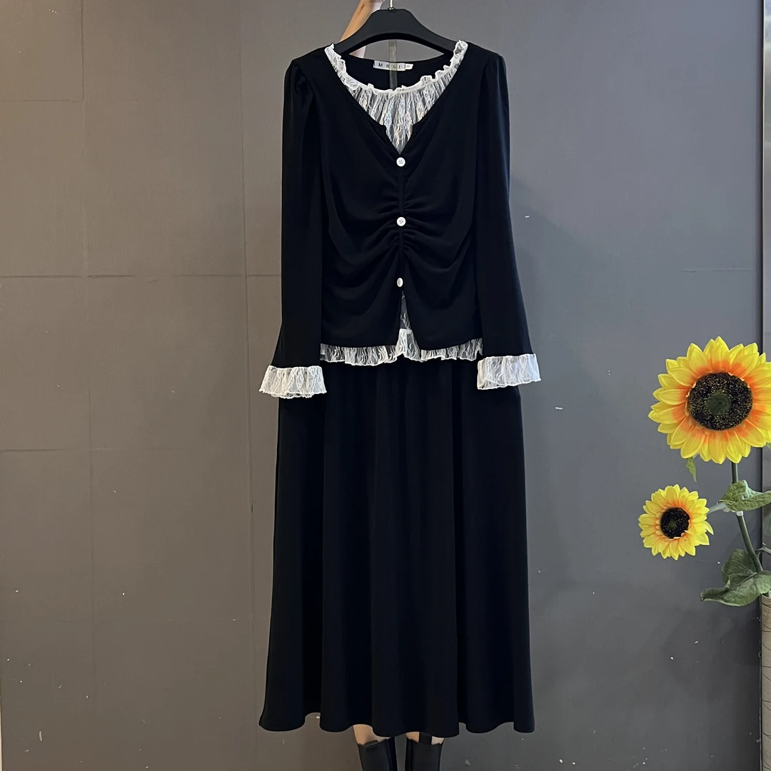 新款法式轻奢蕾丝花边拼接长袖上衣搭配半身裙气质显瘦两件套