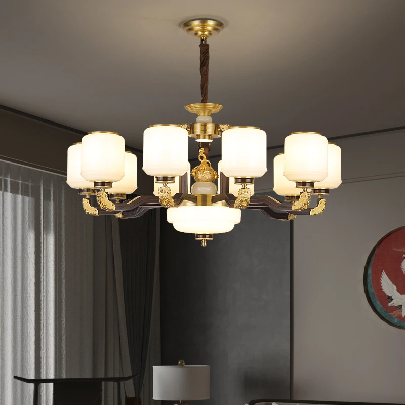 新中式全铜别墅客厅大吊灯实木中国风大气家用客厅吊灯挑空灯具