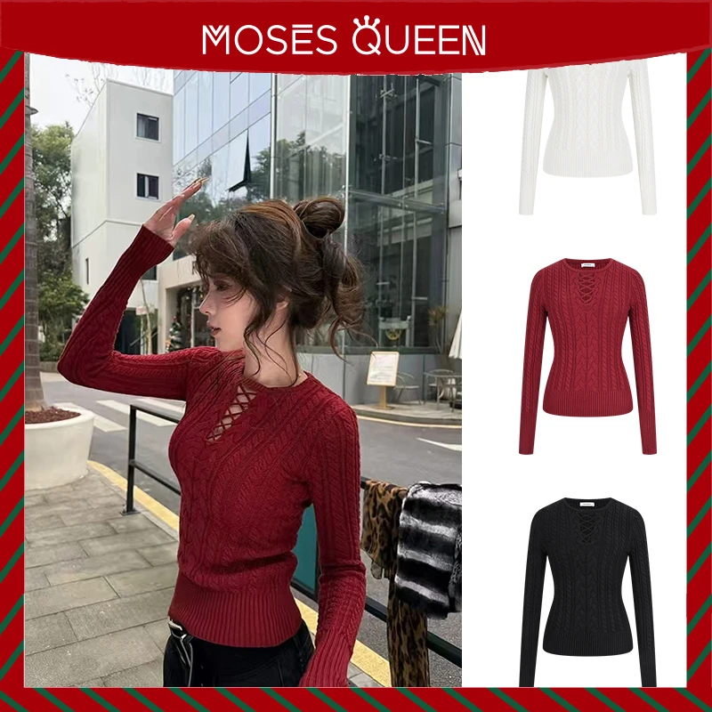 Moses Queen/魔西女王洋气别致收腰显瘦毛衣镂空麻花毛针织衫上衣