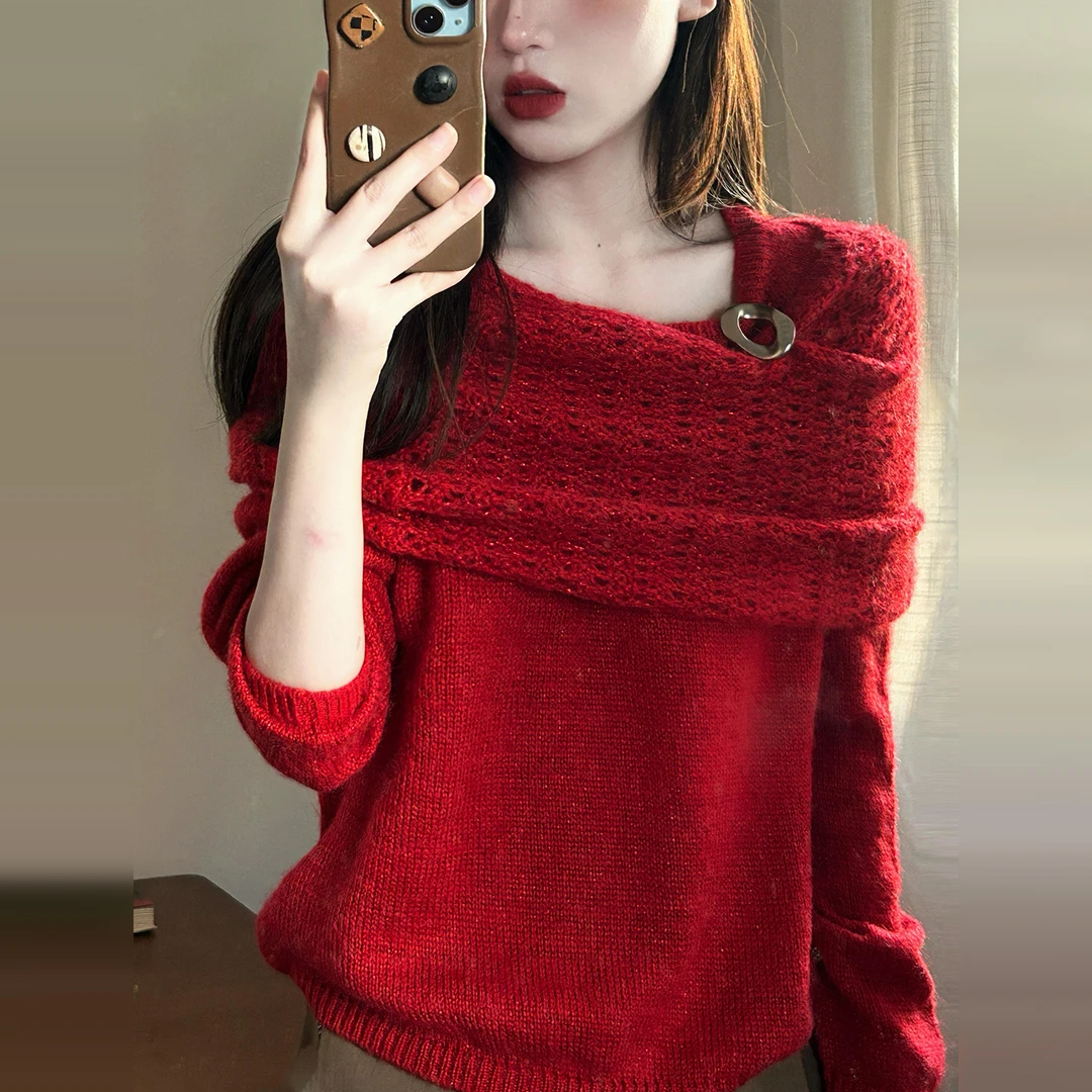 圣诞节穿搭针织衫2025新款秋冬季内搭可外穿露肩设计感红色毛衣女