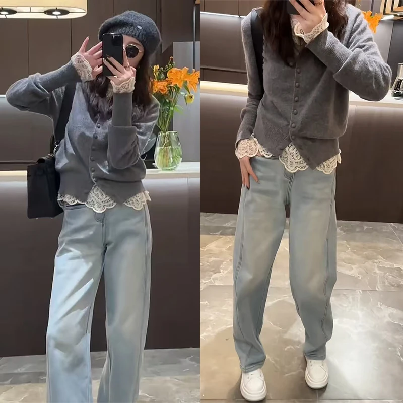 今年流行穿搭2025年秋冬新款百搭蕾丝打底衫针织上衣牛仔裤三件套