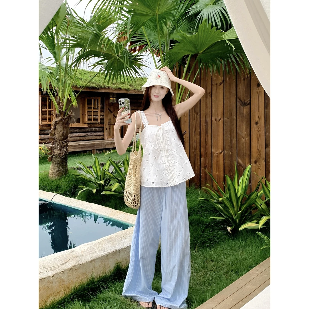 设计感刺绣提花木耳边吊带背心上衣套装女纯欲风薄款条纹裤两件套