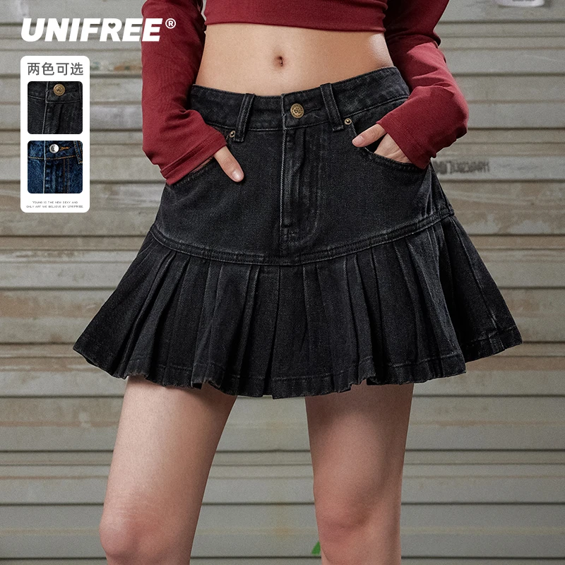 【25年春】重工水牛仔半身裙美式辣妹显瘦包臀百褶短裙