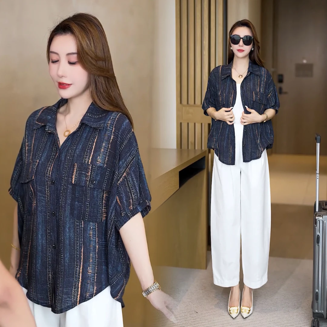 短袖上衣女士夏装2025新款洋气显瘦宽松大码衬衣韩版百搭气质衬衫