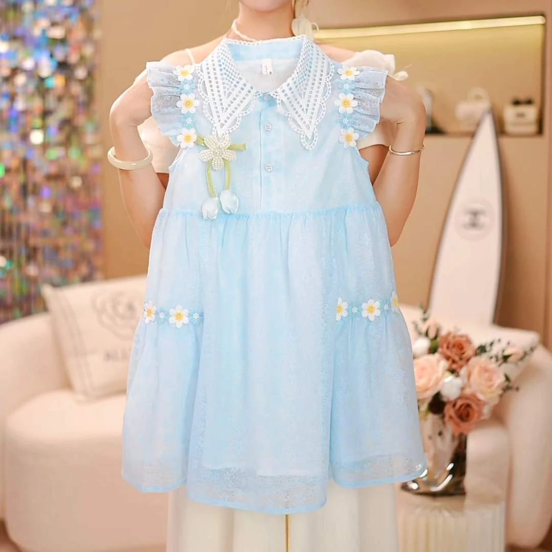 【海盐汽水】2025女童田园风夏季淑女网纱裙子夏季收腰裙儿童洋气