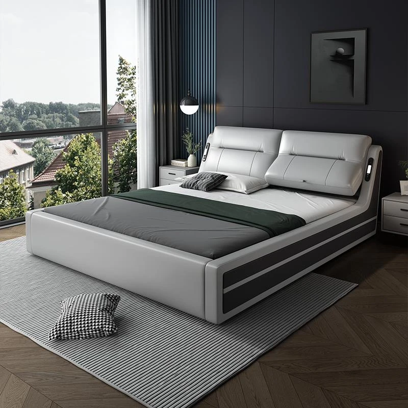 现代简约多功能气压高箱双人主卧床带储物空间真皮床单人轻奢北欧