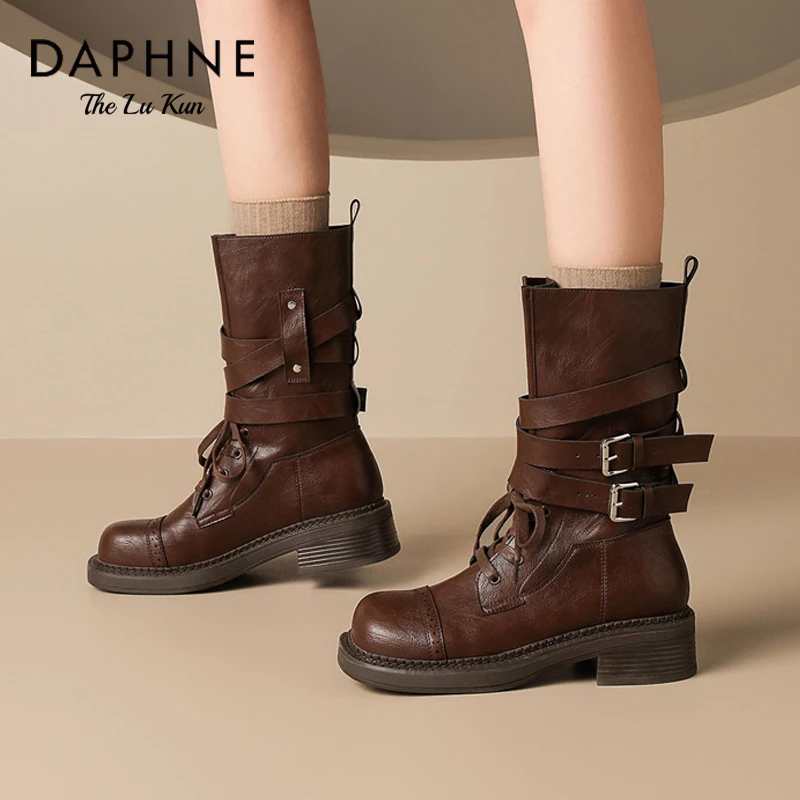 达芙妮厚底马丁靴女2025秋季新款百搭粗跟皮带扣复古英伦风骑士靴