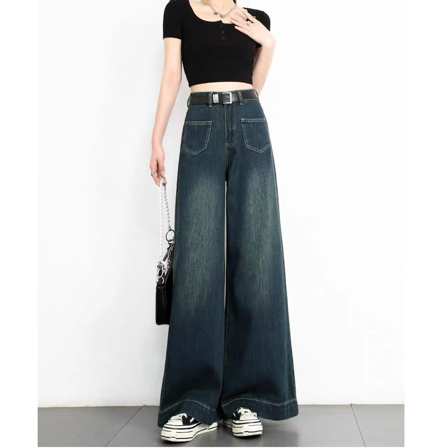 悦（二楼）舞 断码微瑕疵蓝色牛仔裤女阔腿牛仔显高腰弹力穿搭显瘦