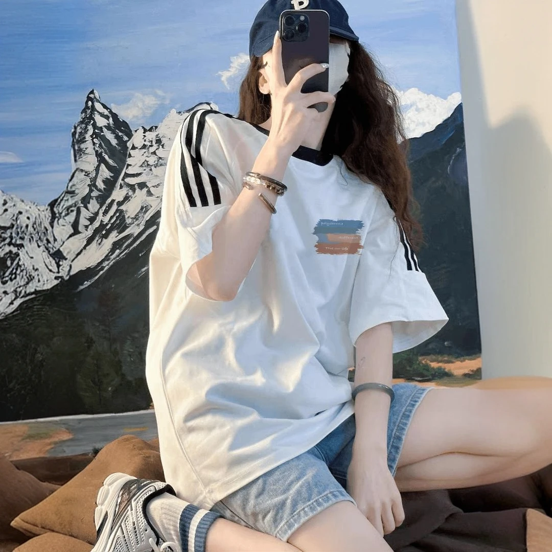 美式潮牌纯棉三条杠短袖t恤女装夏季休闲宽松设计感小众情侣上衣