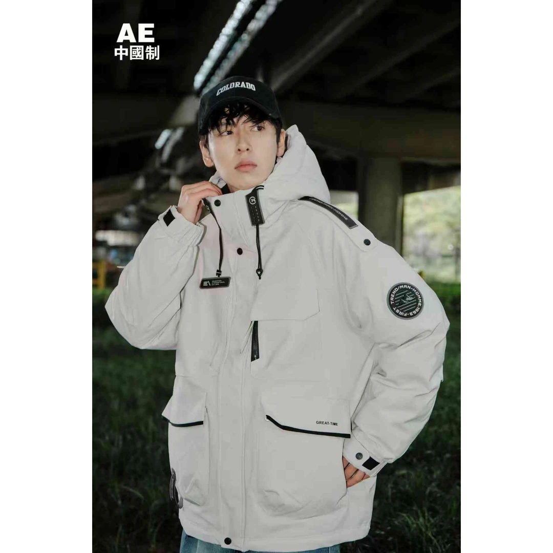 【937-米灰色】青少年冬款连帽白鸭绒羽绒服