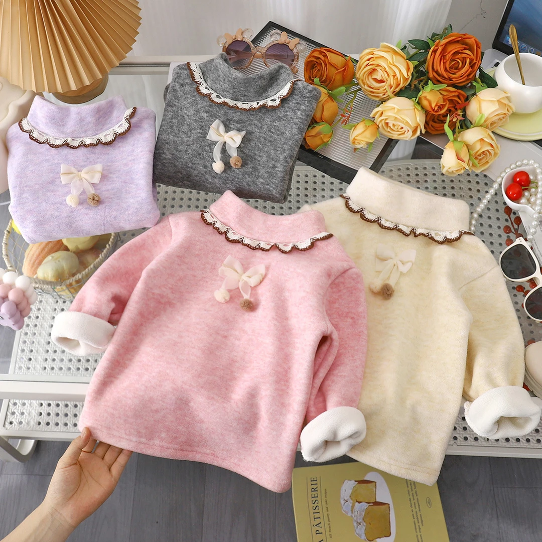 冬季女童加绒打底衫儿童内搭半高领保暖时尚上衣女宝宝加厚打底衣