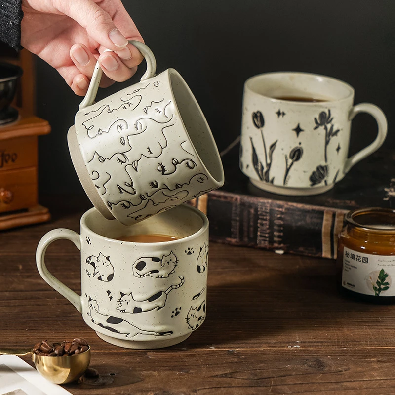 简约日式复古粗陶马克杯高颜值水杯家用办公室喝水杯子礼物咖啡杯