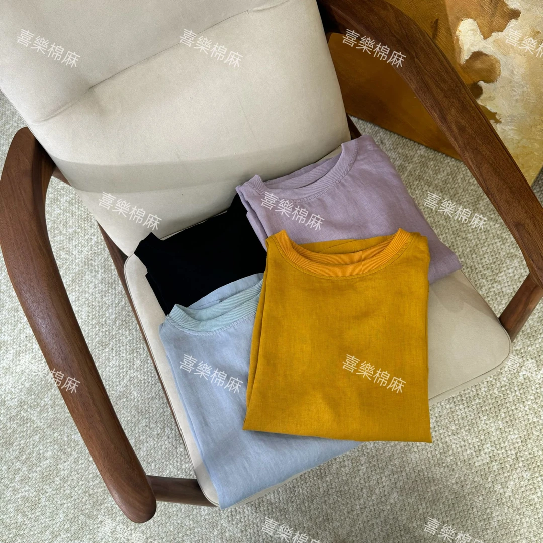 喜樂   2025纯亚麻圆领纯色套头简约短袖T恤夏季新款百搭文艺女士