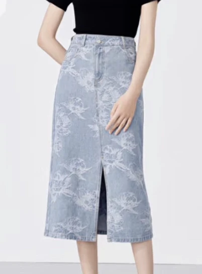 秋～夏季新款新中式山水提花设计感前开叉牛仔半身裙