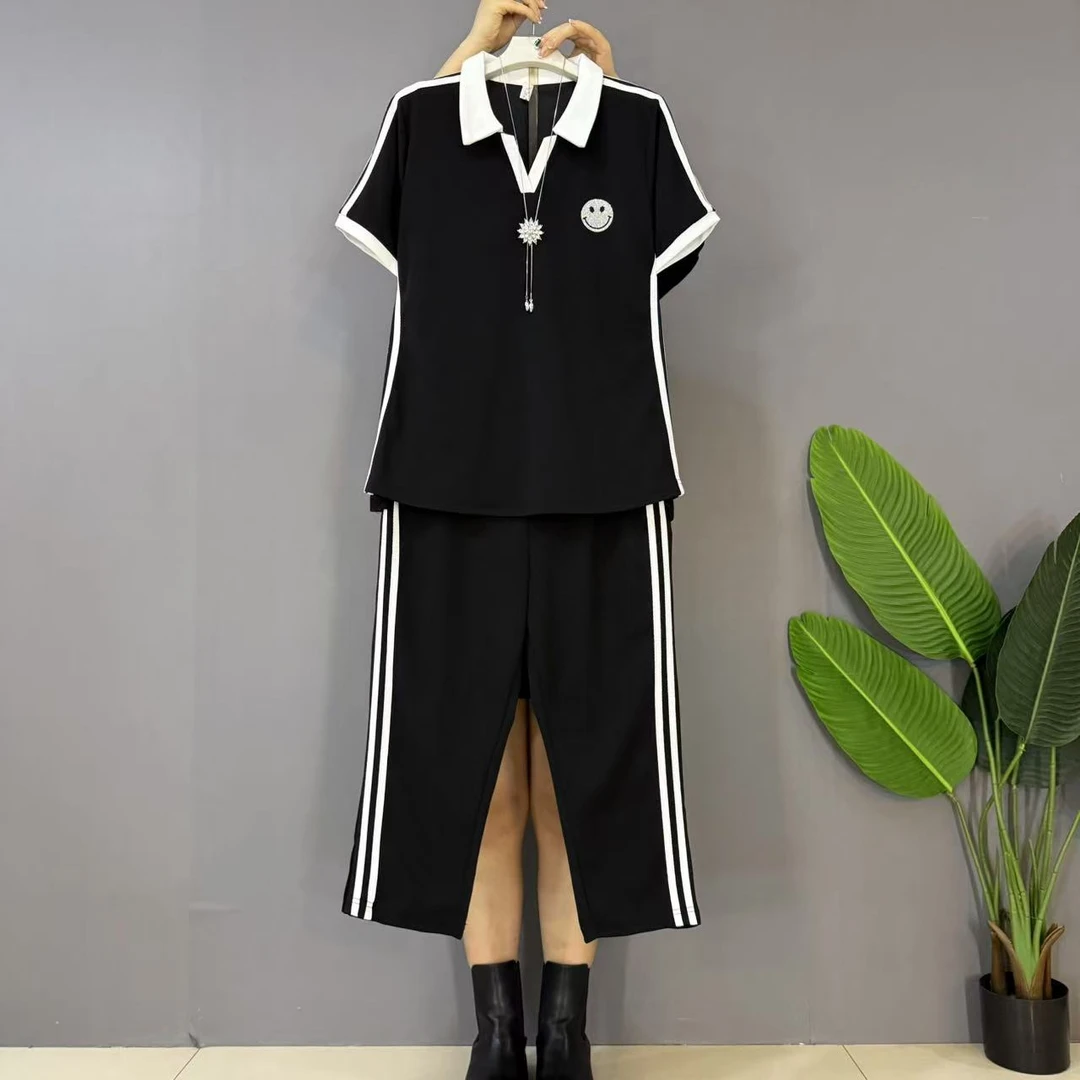 新款大码女装时尚洋气小V领拼接运动休闲套装