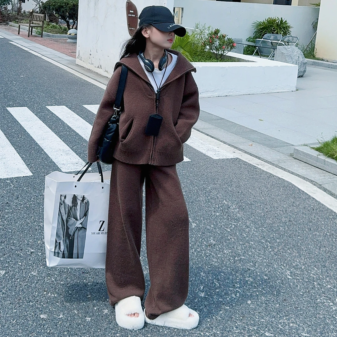 女童加厚毛衣套装慵懒针织开衫上衣阔腿裤打底衫三件套2025秋冬