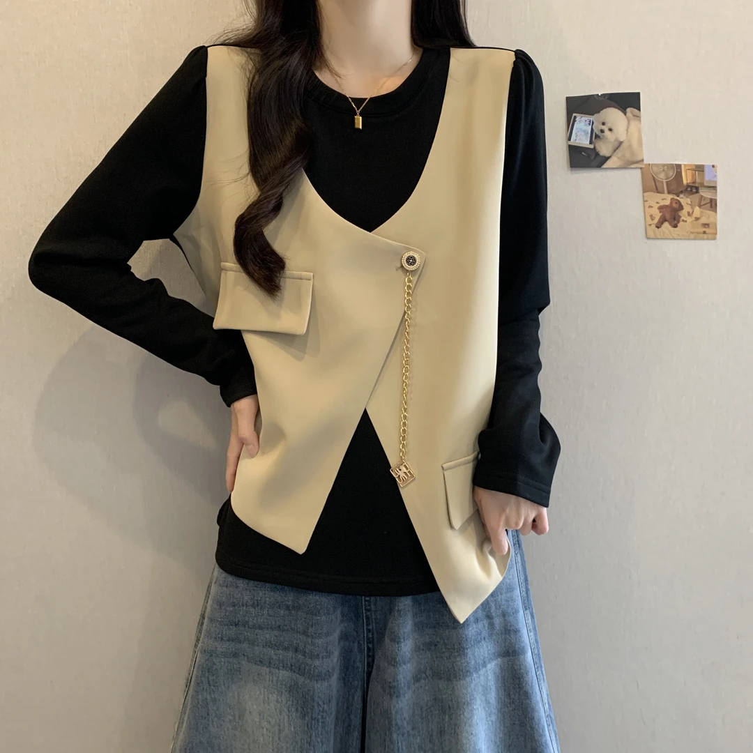 圆领小众拼接假两件上衣大码春秋新款遮肚显瘦高级感不规则T恤