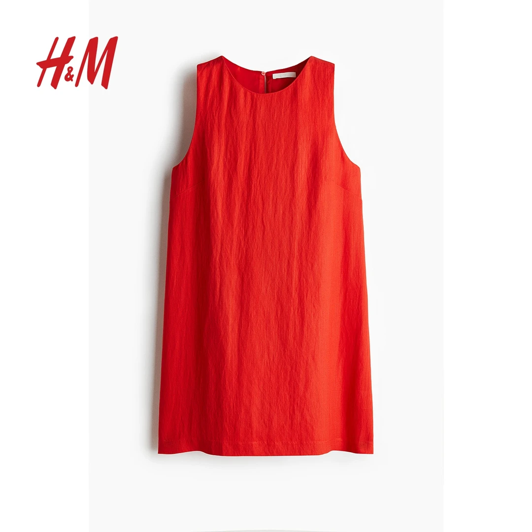 HM女装2025春秋款流光风休闲无袖圆领A字廓形直筒连衣裙1275772