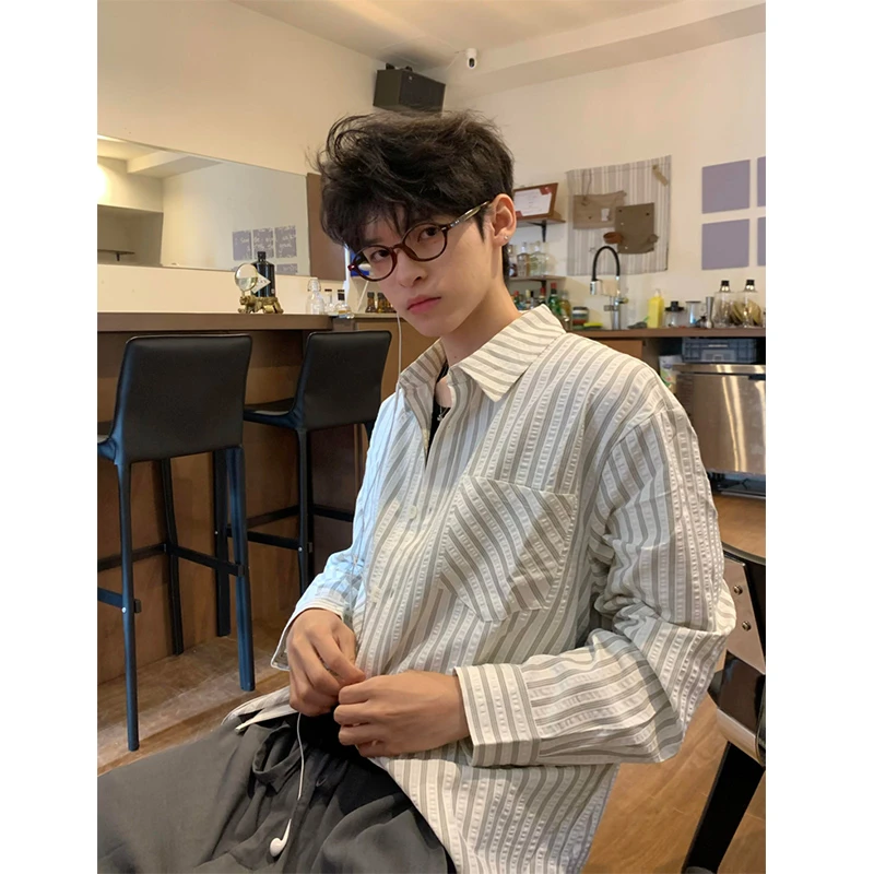 泡泡纱格子衬衫男款秋季cleanfit翻领高智感长袖衬衣宽松防晒外套