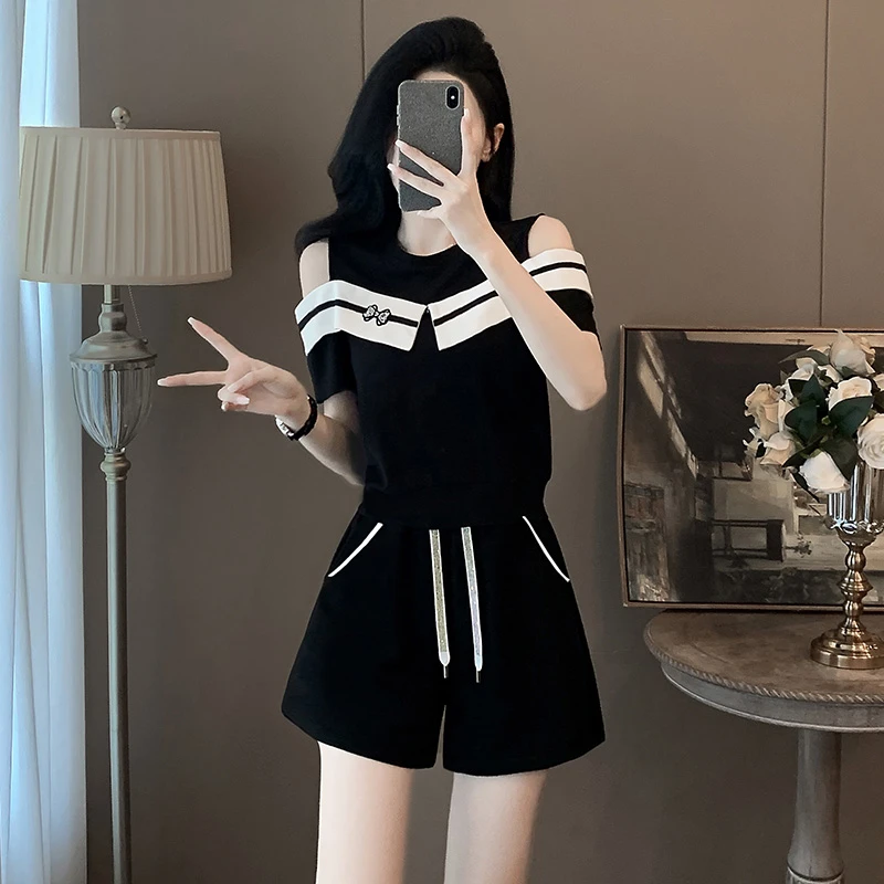 夏季女装时髦气质洋气衣服露肩短袖短裤套装高级感休闲时尚两件套