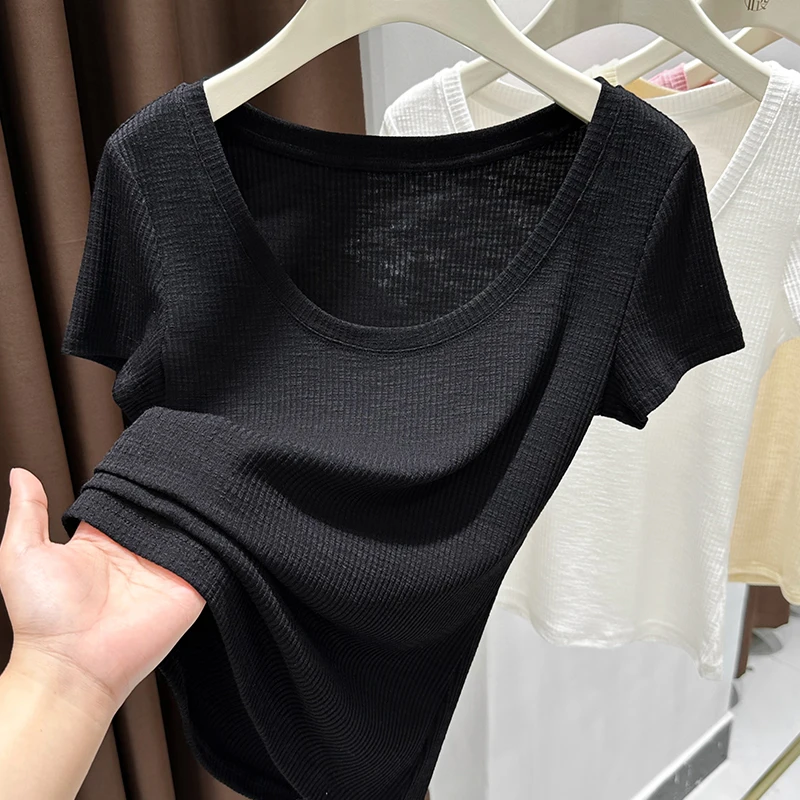 黑色上衣薄款紧身低胸u领正肩短袖t恤女夏季新款柔软内搭女打底衫