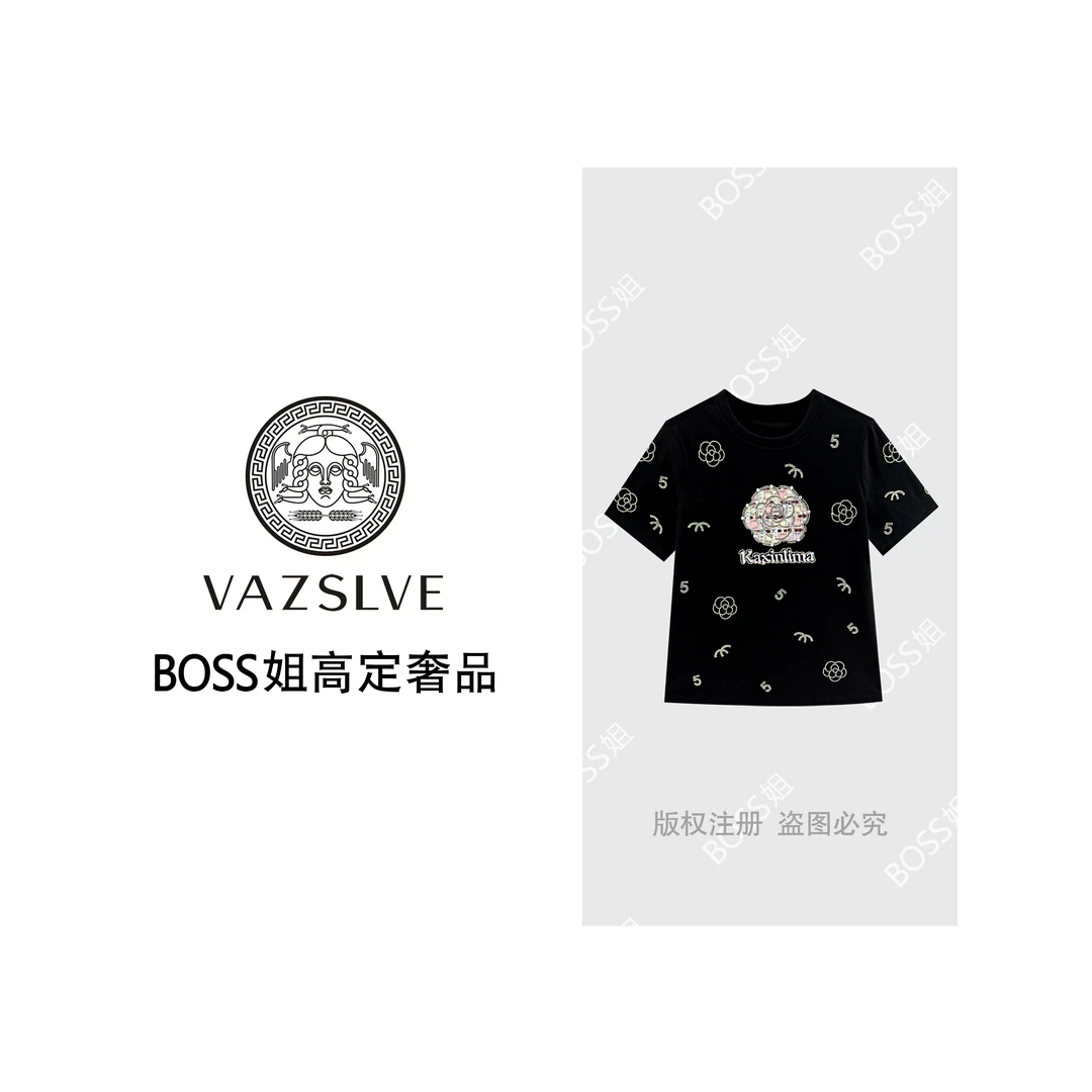 【VAZSLVE/原创设计】重工烫钻钉珠山茶花短袖T恤D8836