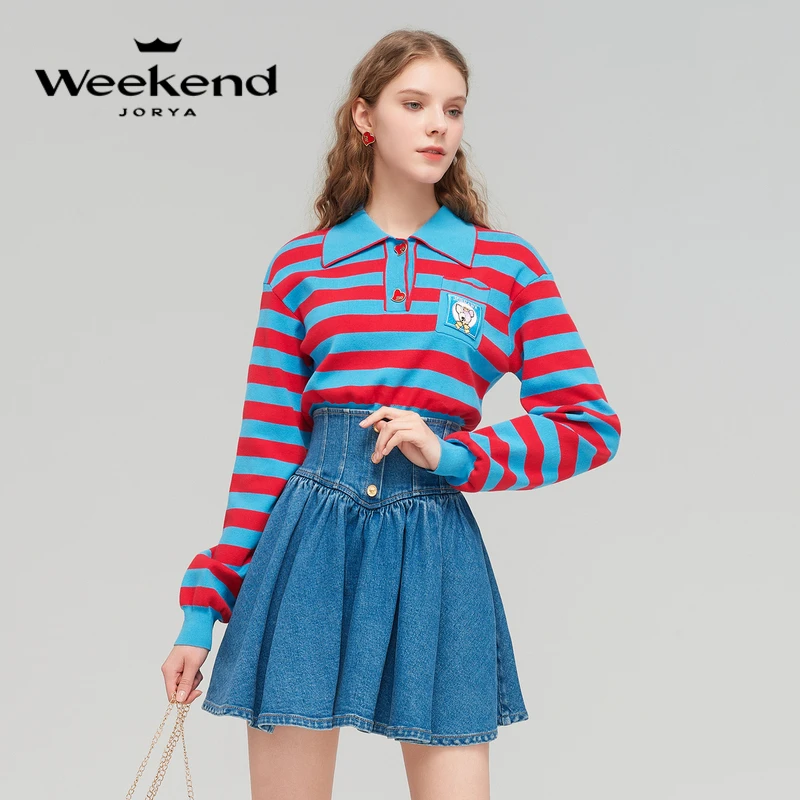 【金拐子专属】卓雅周末撞色条纹翻领刺绣长袖polo针织衫EJWDAF12