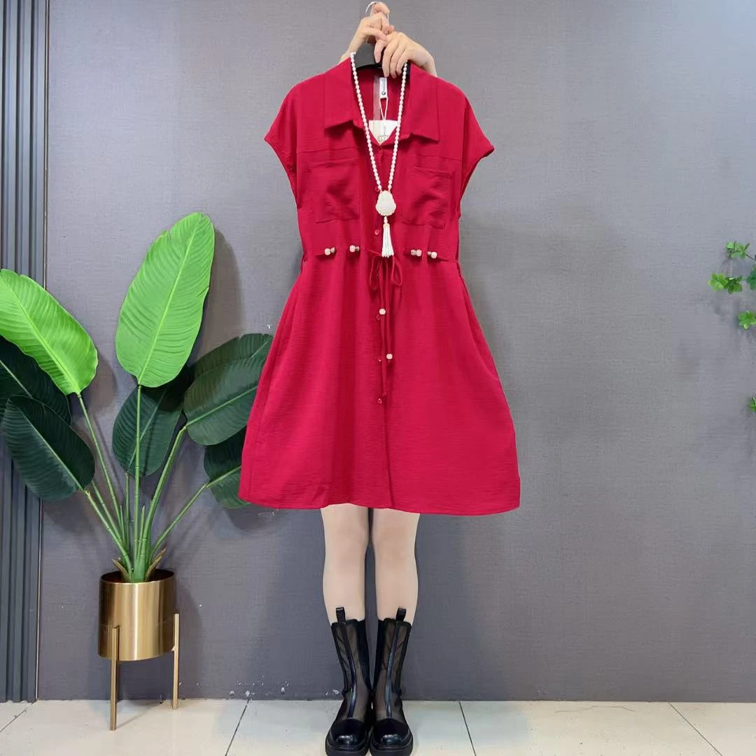 欧货串珠收腰显瘦女夏季新款休闲通勤垂感衬衫韩版遮肉百搭连衣裙