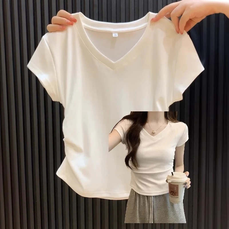 短款掐腰修身辣妹t恤短袖女生夏季正肩V领不规则纯色百搭纯棉上衣