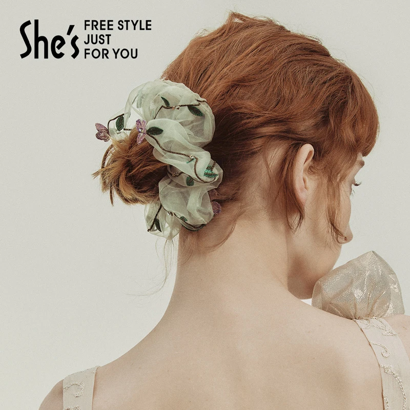 shes卢梭假日手工刺绣花朵欧根纱盘发圈马尾发绳头花发饰头饰