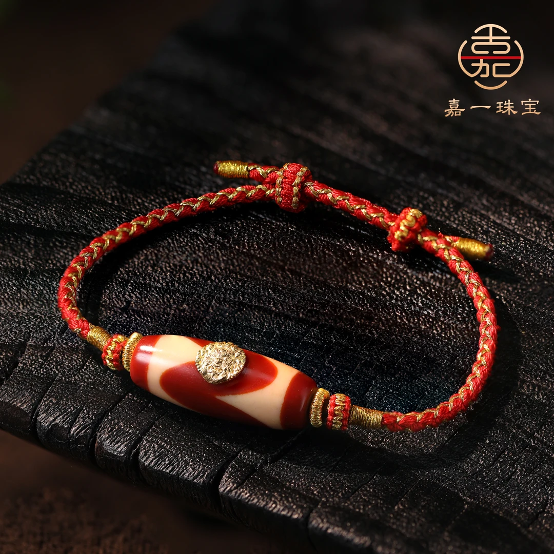 【嘉一珠宝】黑财神天珠K金镶嵌红肉金手绳