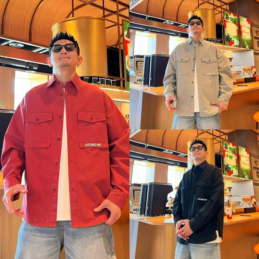 简约日系撞色字母小众时尚百搭情侣同款纯棉工装风翻领夹克外套