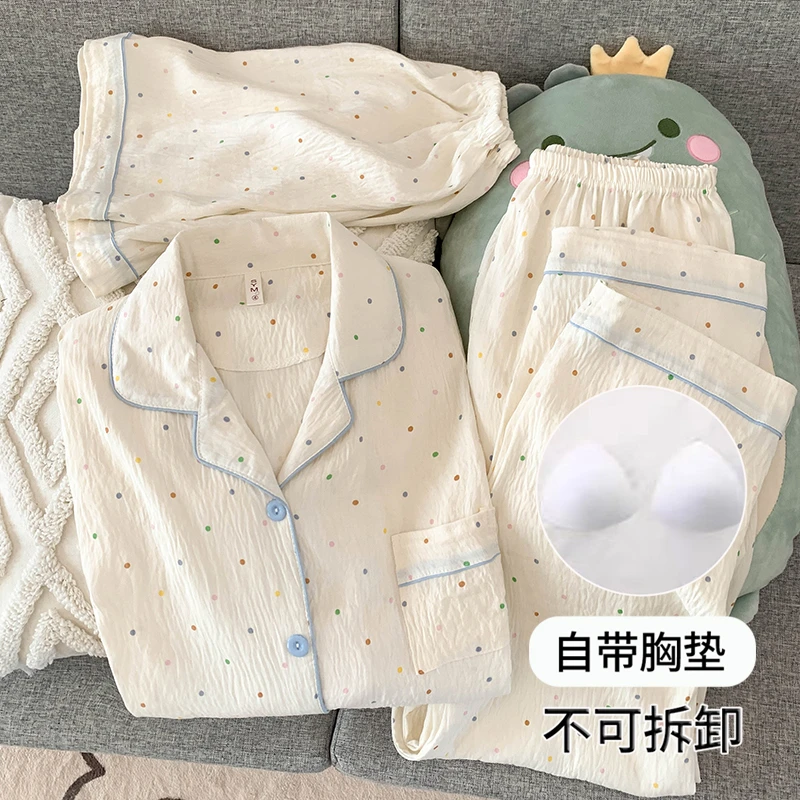 【胸垫版】日系睡衣女款夏季短袖三件套2025新款短袖长裤套装家居服