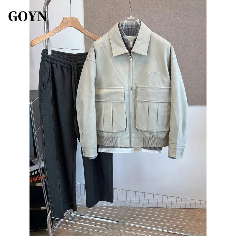 GOYN2025秋季新款翻领皮衣男士修身百搭字母休闲男装时尚夹克外套