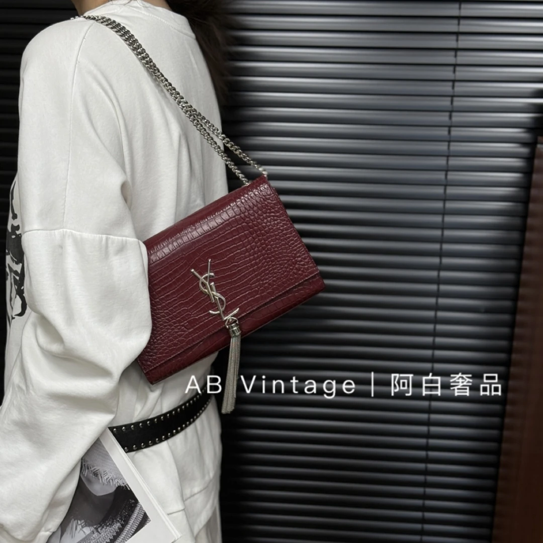 95新 YSL/圣罗兰 阿白奢品/红色鳄压纹流苏kate单肩包