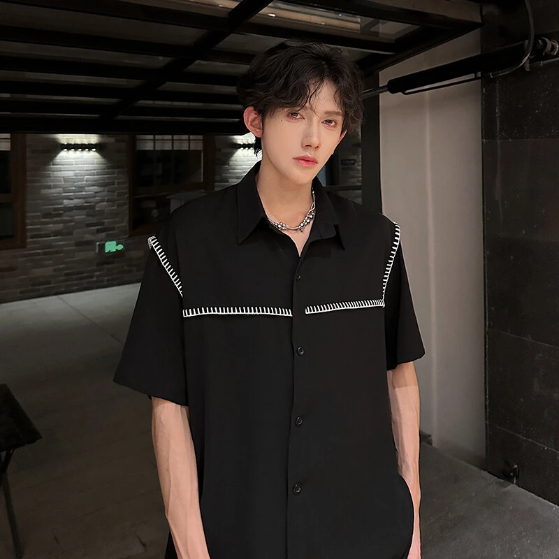 手缝线设计高级感短袖衬衫男夏季痞帅冰丝五分袖美式高街半袖衬衣