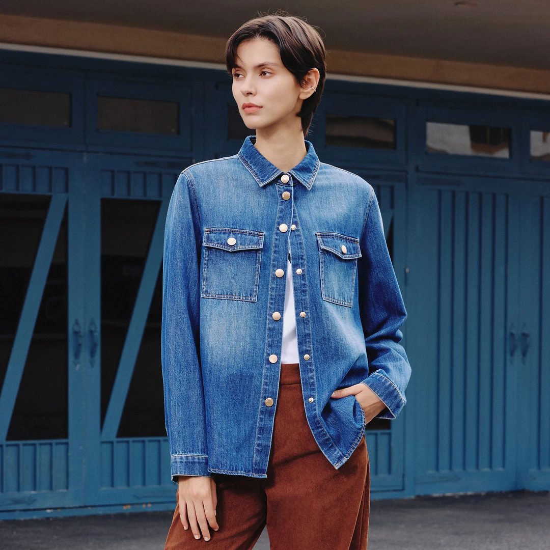 mithworld/沵媞新款百搭水洗渐变复古牛仔衬衫女W4GDF06980BUD