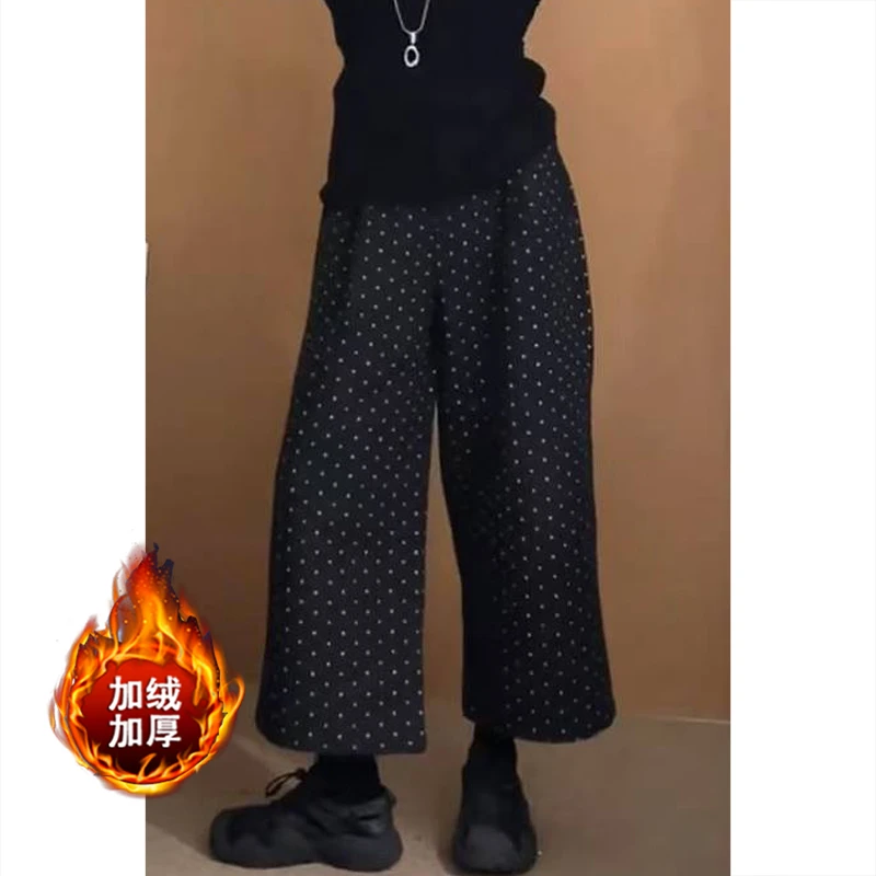 艾塔莉波点裤加绒九分阔腿裤显瘦休闲裤女冬季新款胖mm大码小个子
