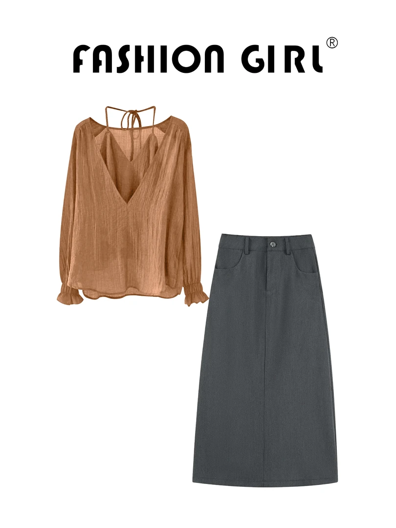 秋季流行穿搭一整套女2025新款高级感别致橘色衬衫黑色半身裙套装